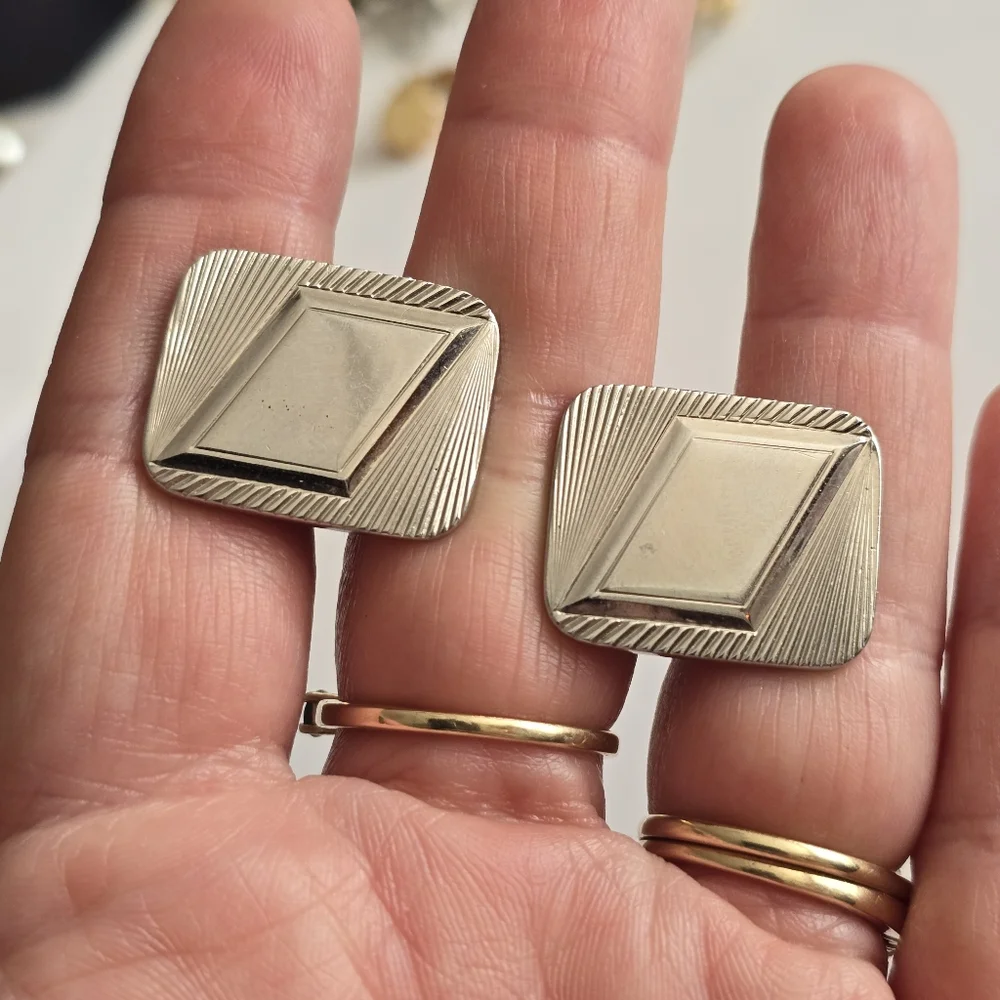 Vintage set cuff links tie clip silver tone geometric rhombus parallelogram